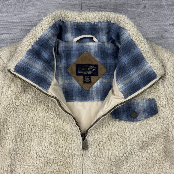 Pendleton Sherpa Fleece Wool Blend Jacket Women’s S Teddy Beige Plaid Contrast - Picture 8 of 13
